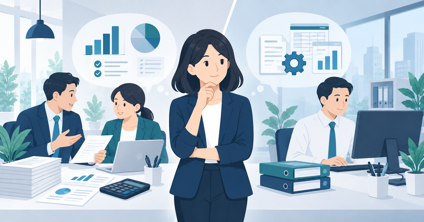 人物が会計事務所と事業会社経理の働き方を比較しているイラスト