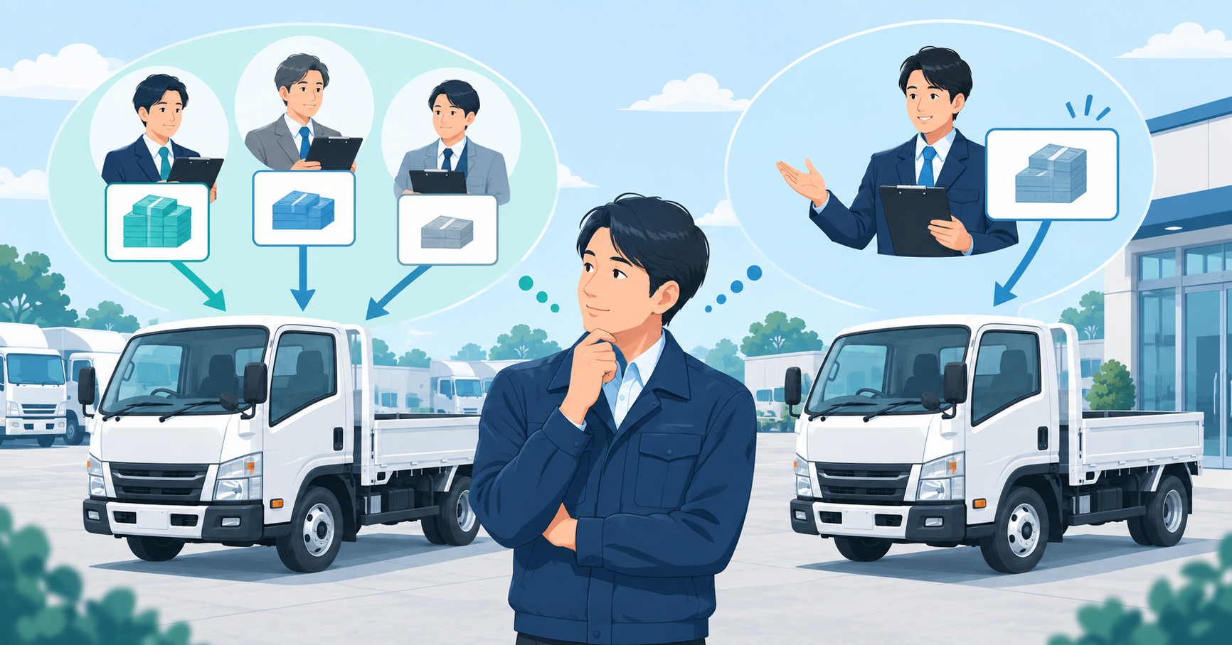 所有者が複数社査定と一社査定を比較しているイラスト