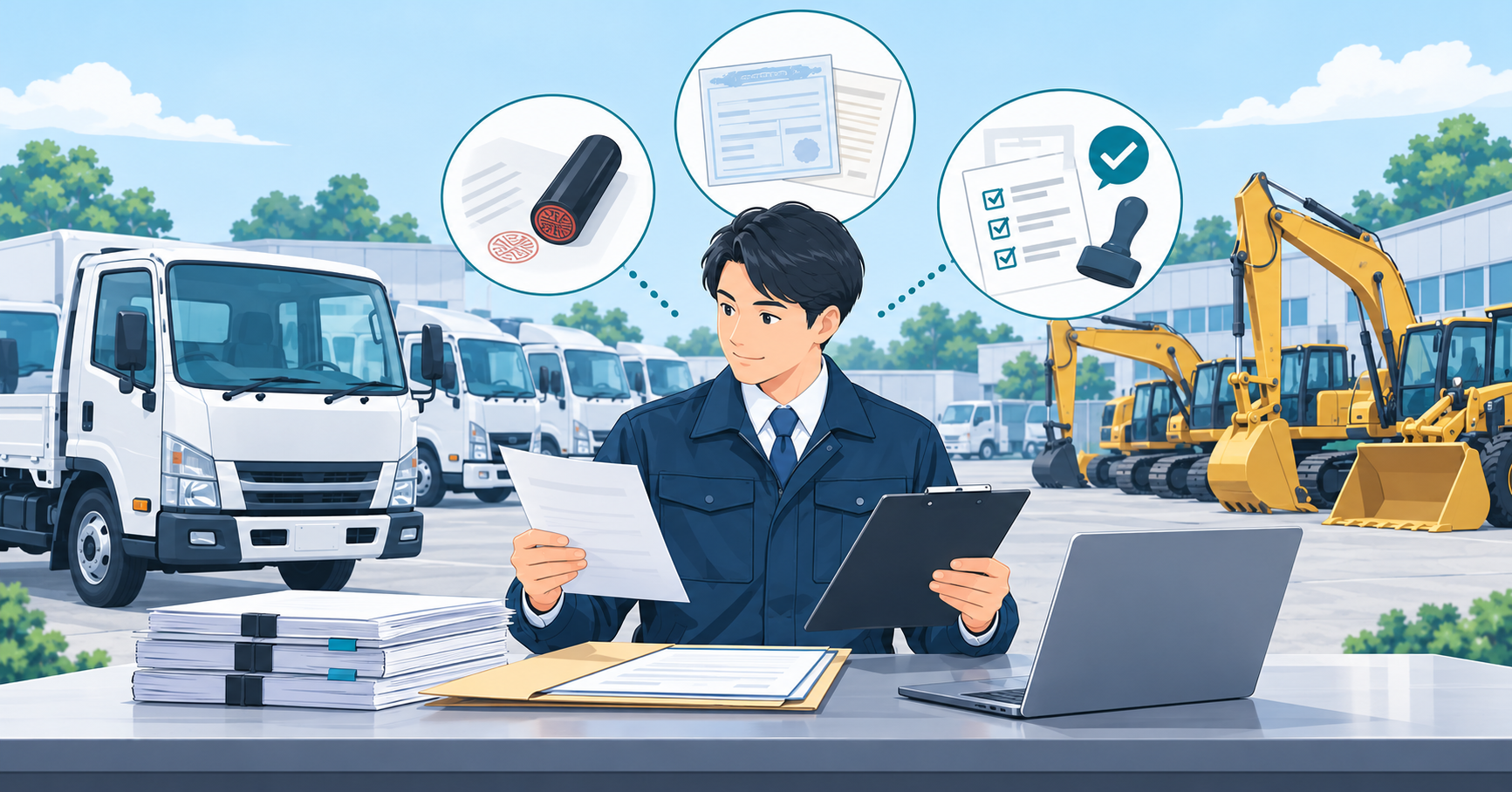 担当者が法人名義のトラック・建機と売却書類を確認しているイラスト