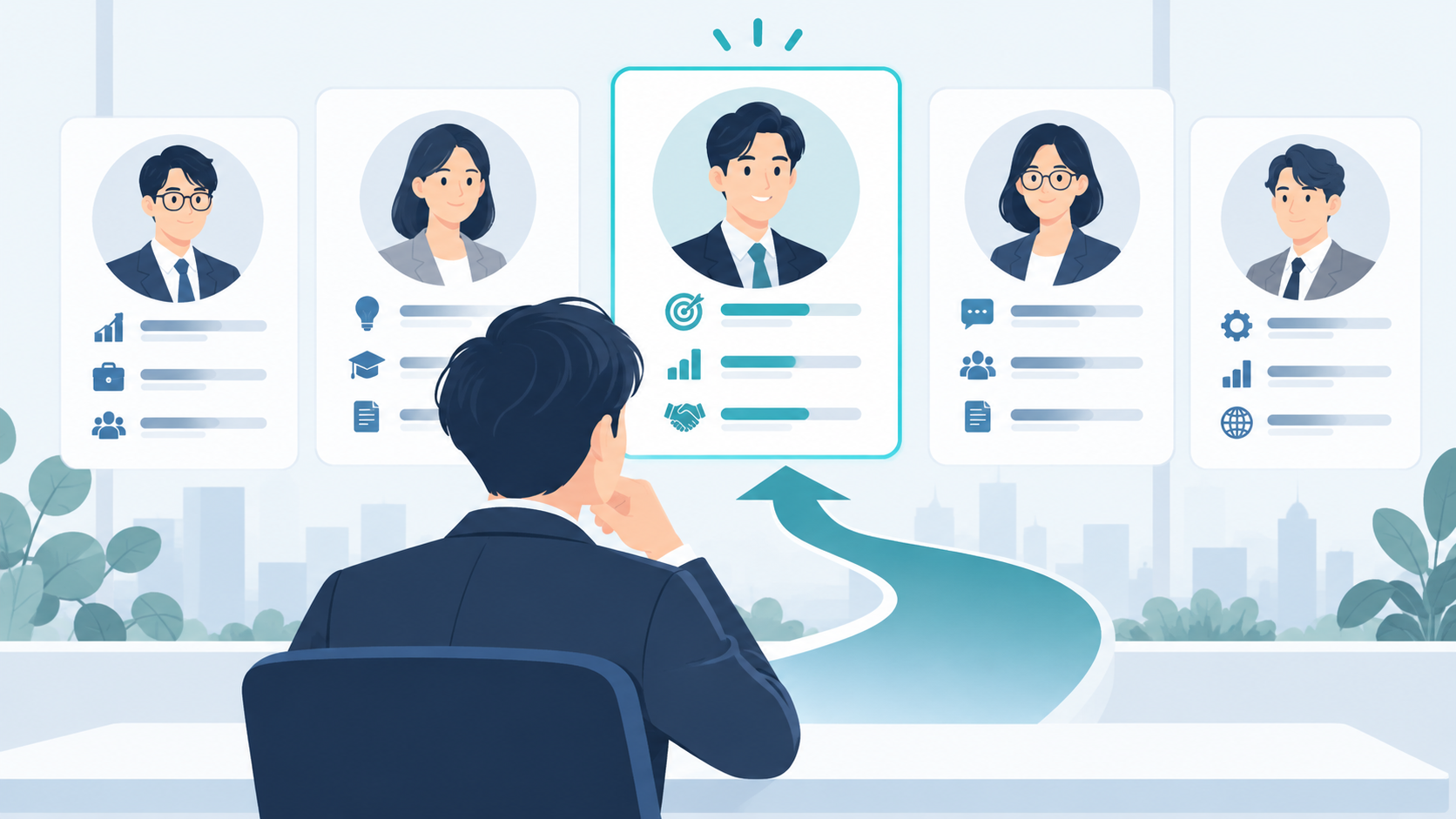 求職者が複数の転職支援担当者のプロフィールを比較しているイラスト