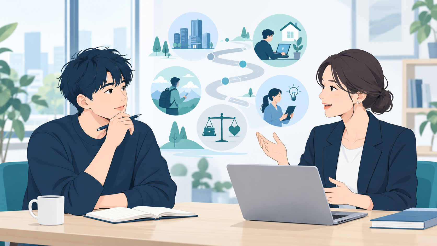 相談者が担当者と今後の働き方や学習の選択肢を話し合うイラスト