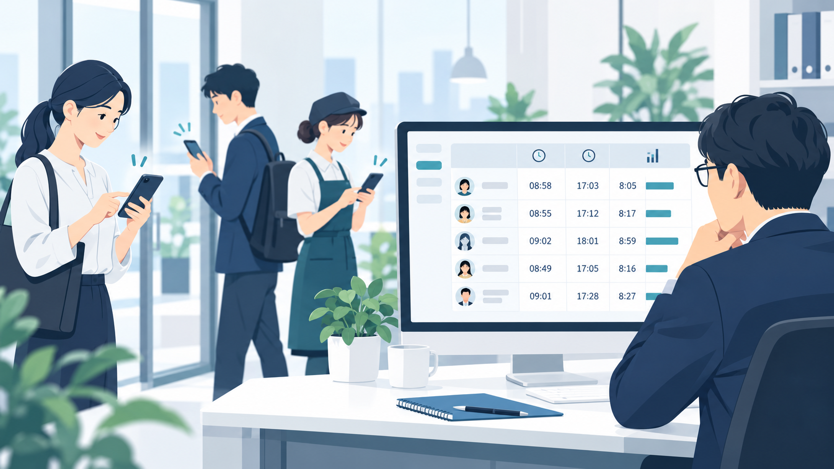 従業員がスマートフォンで打刻し、管理者が勤怠一覧を確認するイラスト