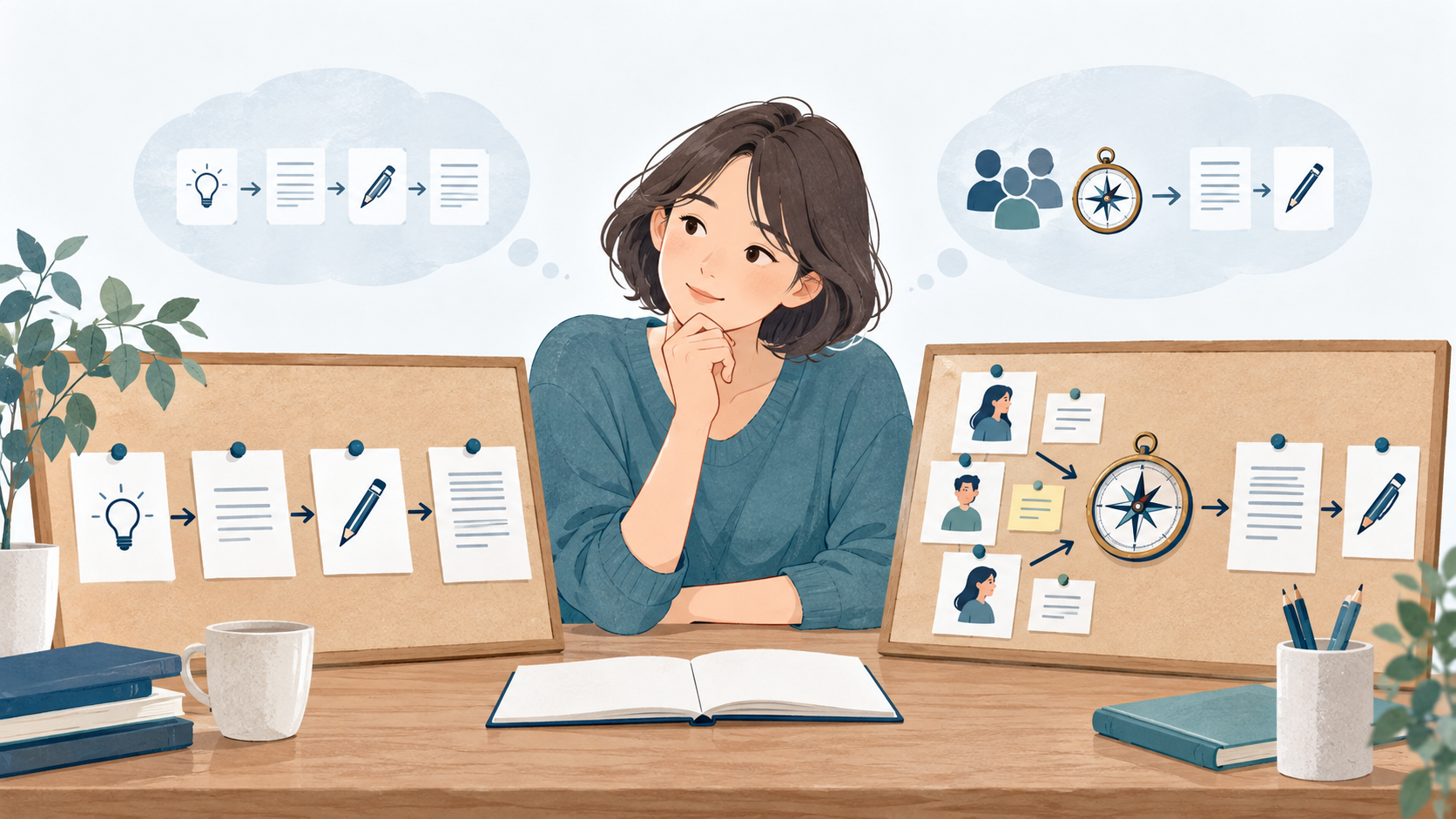書き手が読者理解と文章制作の進め方を比較しているイラスト