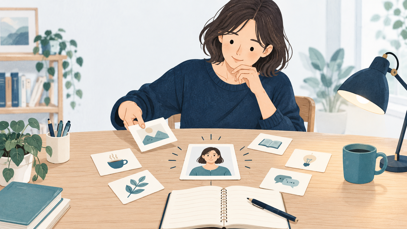 読者像を中心に記事のテーマ候補を整理しているイラスト