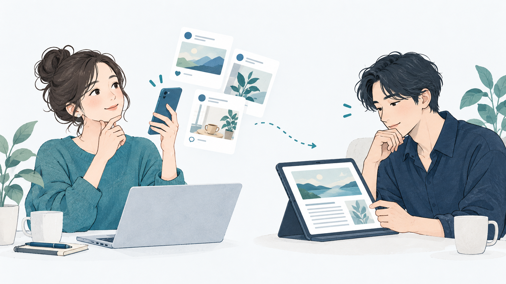 SNS投稿を見る場面と記事の内容を検討する場面を示すイラスト