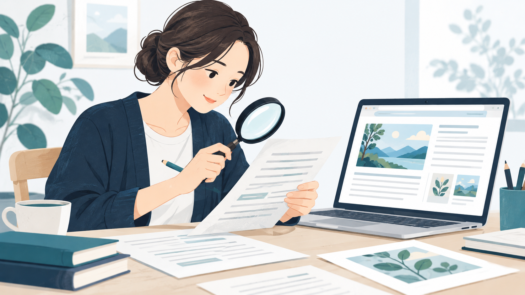 編集者が公開前の文章と画像を照合しているイラスト