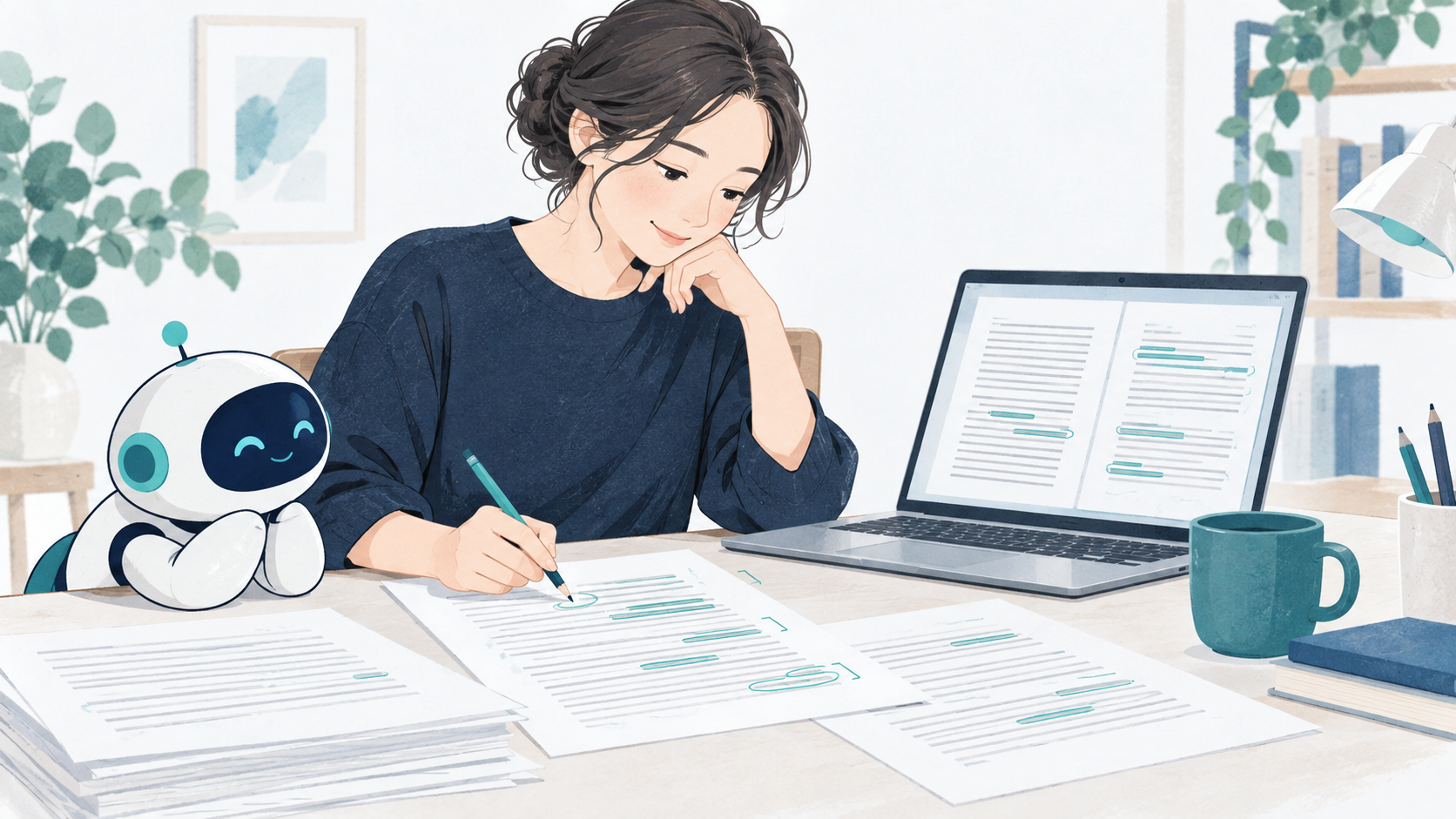 書き手がAIの補助を受けながら原稿の修正箇所を確認しているイラスト