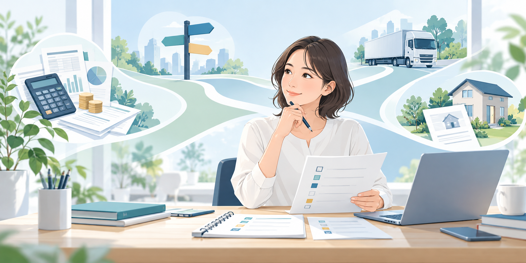 会計・転職・事業用車両・不動産の選択肢をチェックリストで整理する人のイラスト